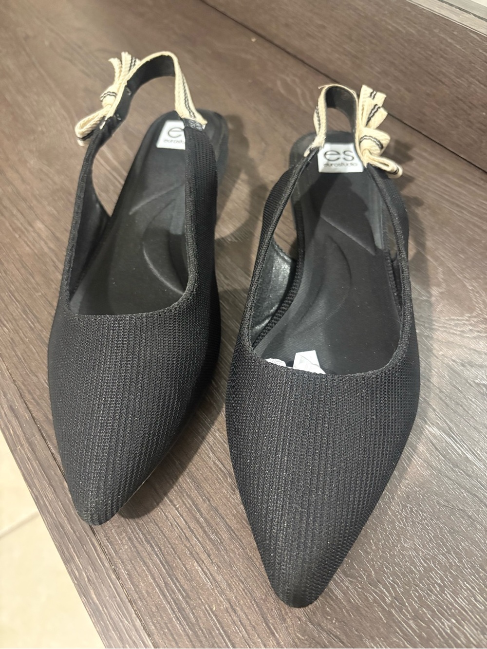 Studio Black Pointed Slingback Flats with Cream Tie